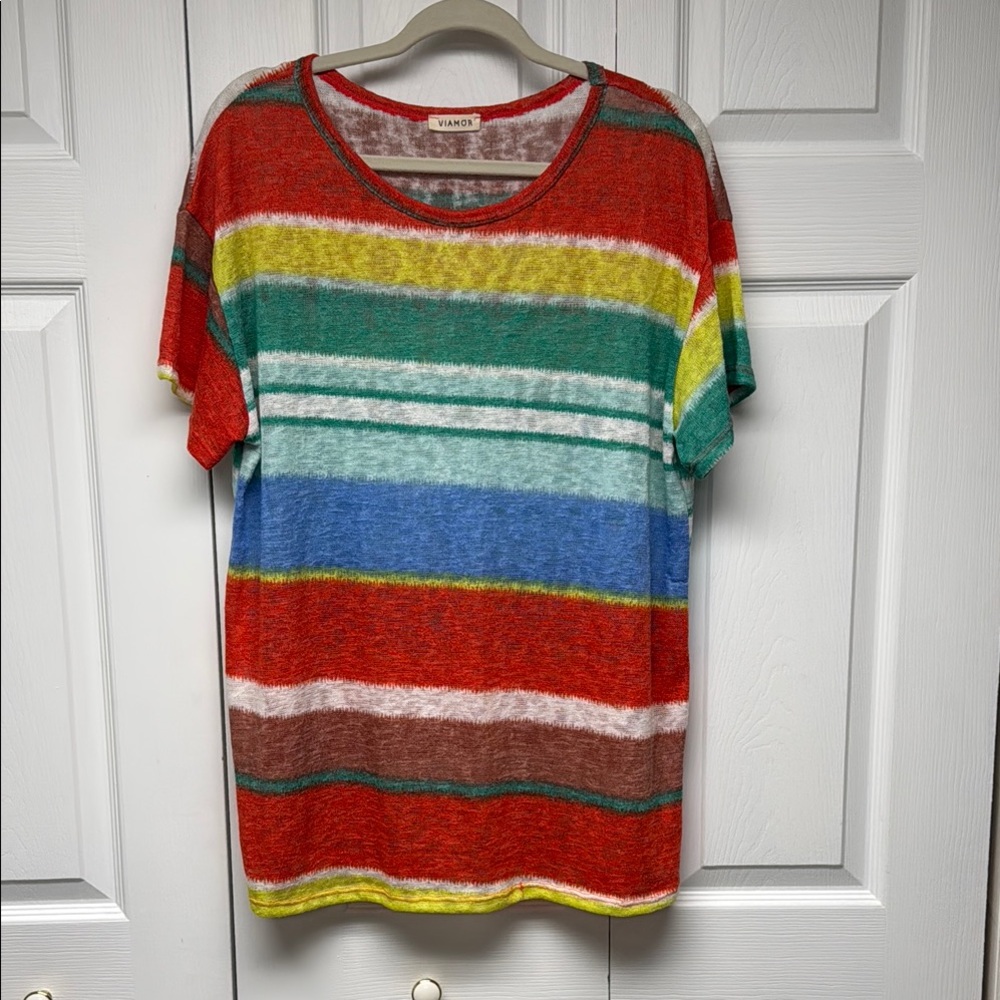 Knit Multicolor Striped Women's Short Sleeve Top, size Large